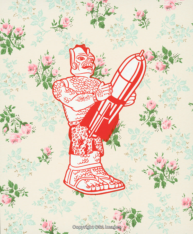 Retro Illustration of Robot and Missile on Vintage Floral Background