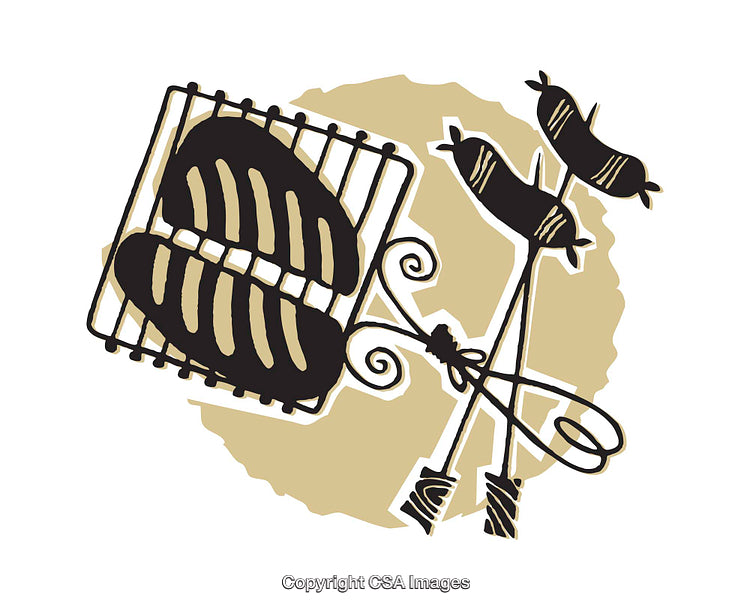 Illustration of Grilled Sausages and Tongs with a Rustic Background