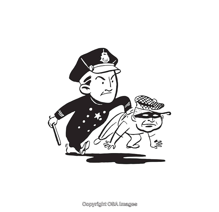 Black and White Line Art of Policeman Catching a Suspect with Humor