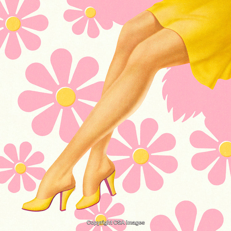 Retro Styled Illustration of Yellow Shoes and Elegant Legs on Floral Background