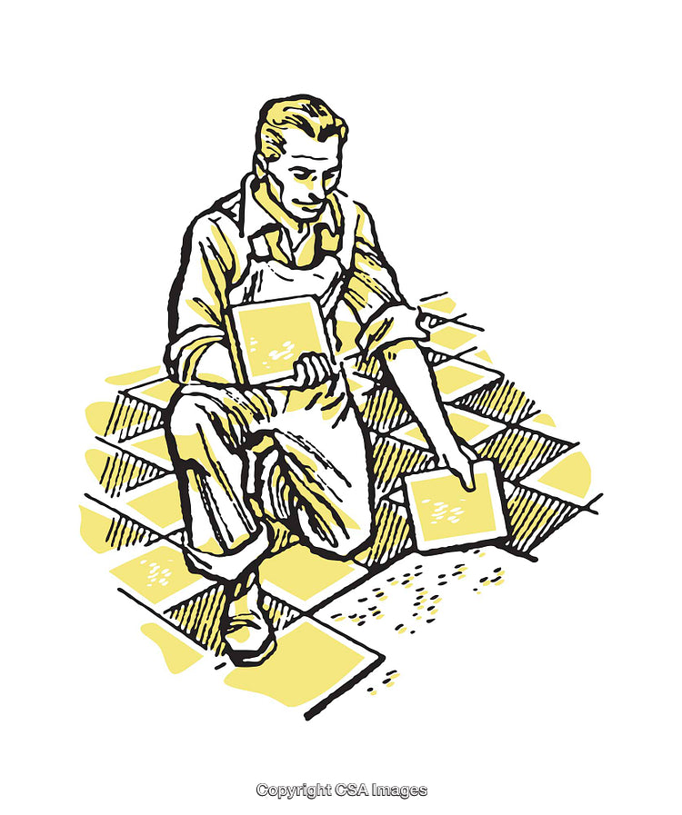 Illustration of Worker Laying Tiles on Checkerboard Patterned Floor