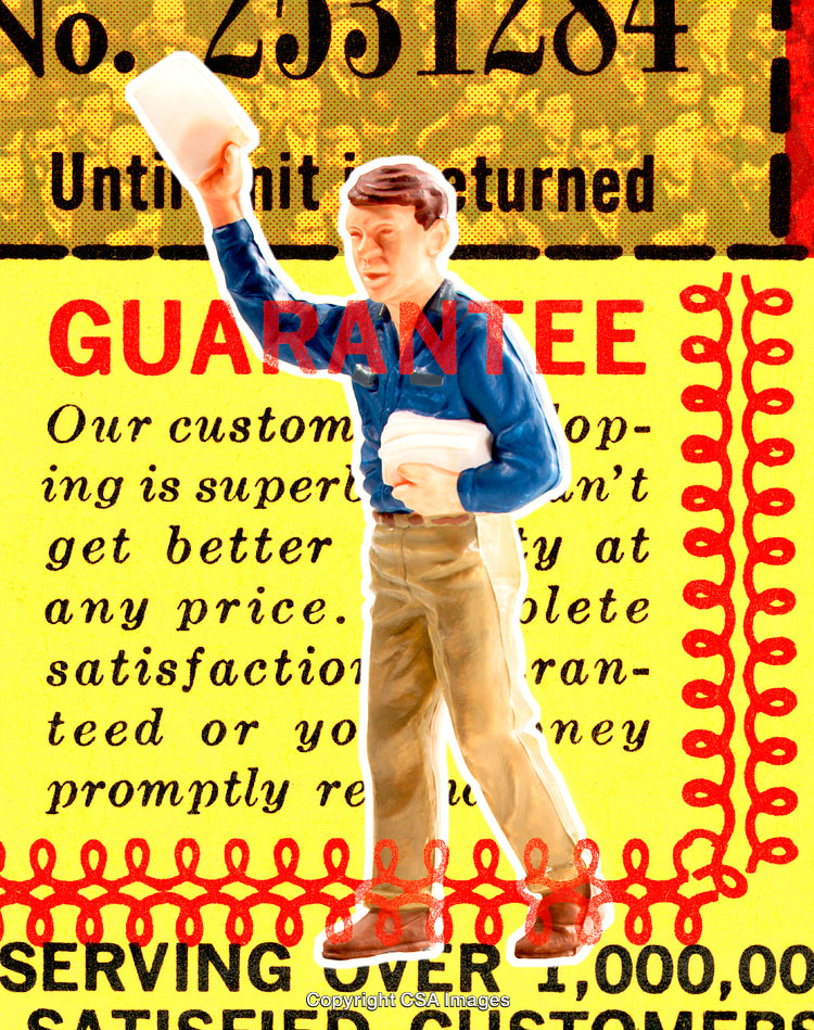 Retro Styled Illustration of Plastic Figure Advertising Guarantee and Trust