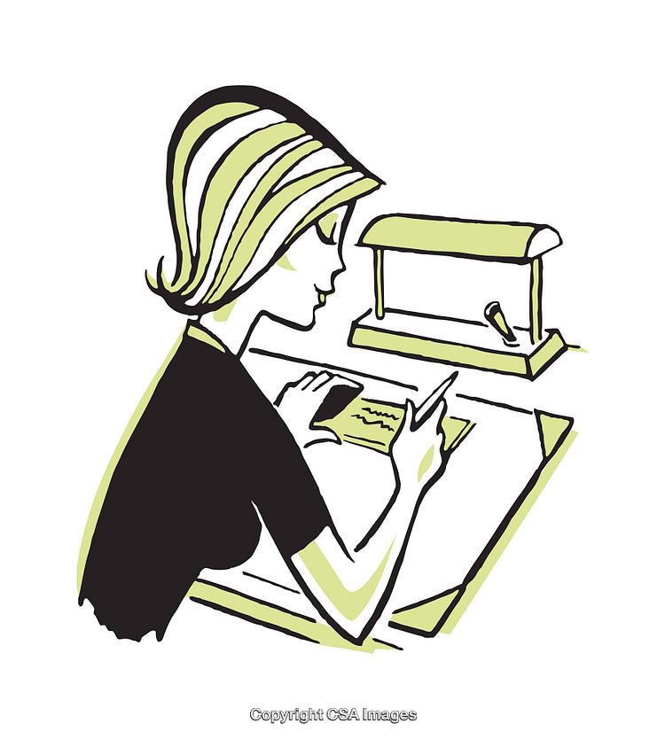 Illustration of a Woman at Work Desk in Vintage Style