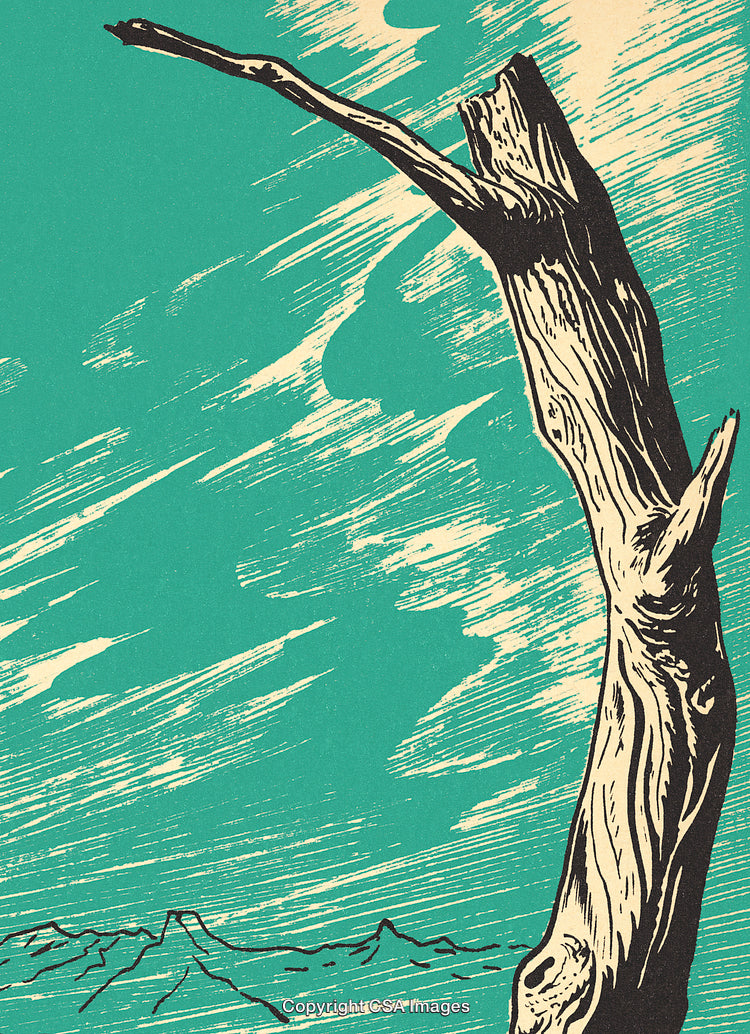 Vintage Illustration of a Lone Tree Against a Turquoise Sky