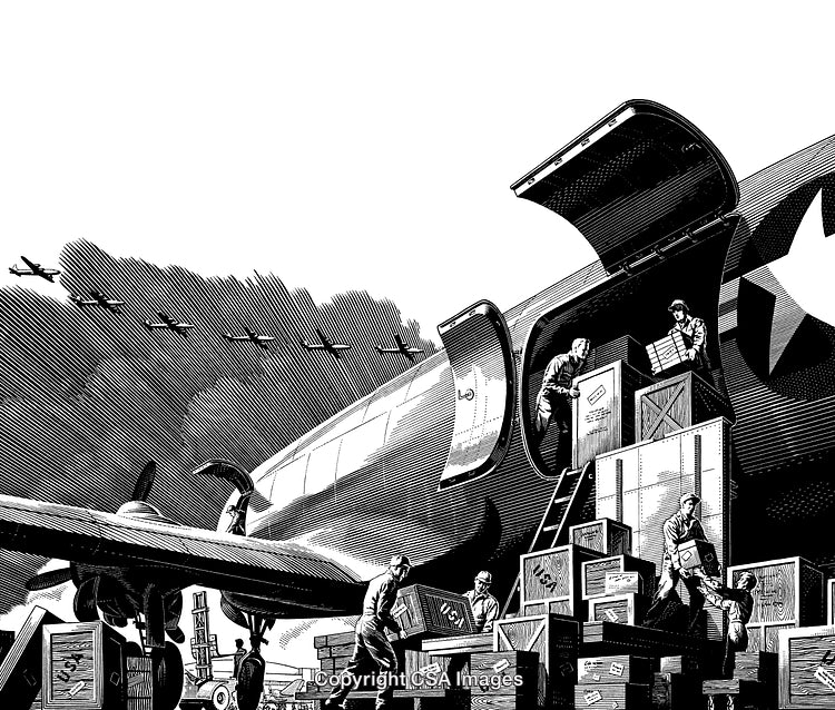 Black and White Engraving of Workers Loading Military Transport Plane
