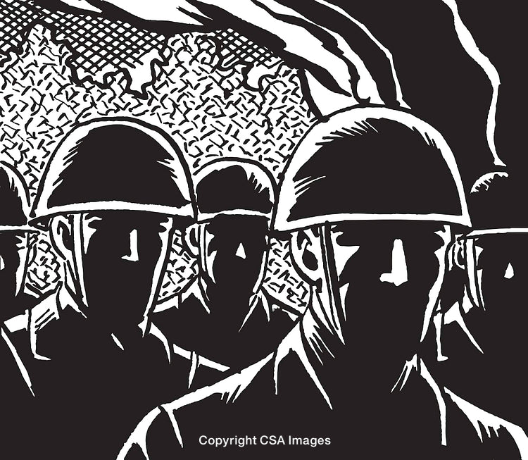 Silhouette Artwork of Soldiers in Formation With Helmets and Uniforms