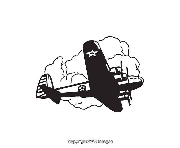 Black and White Line Art Illustration of a Vintage Aircraft in Flight