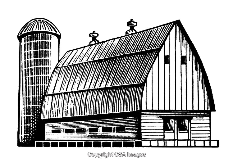 Vintage Barn Illustration with Silo in Black and White Engraving Style