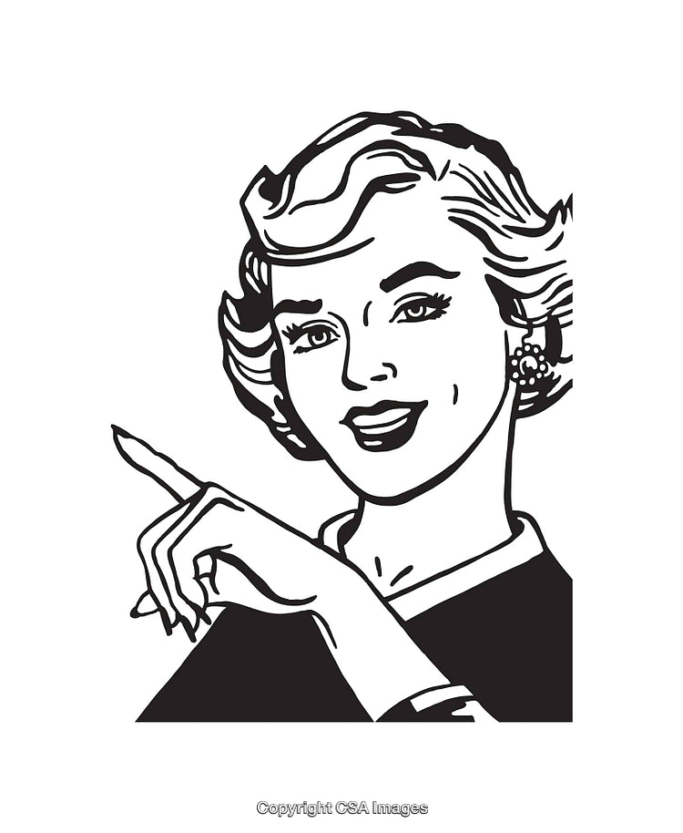 Retro Style Black and White Illustration of a Woman Pointing Hand Gesture