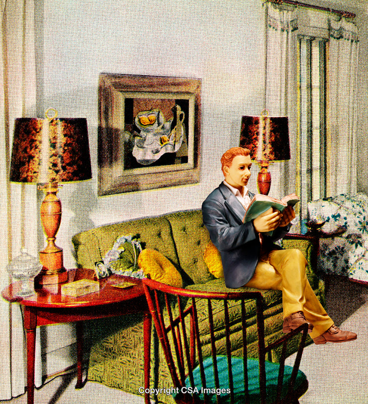 Plastic Figure Reading a Book in a Cozy Vintage-Styled Living Room