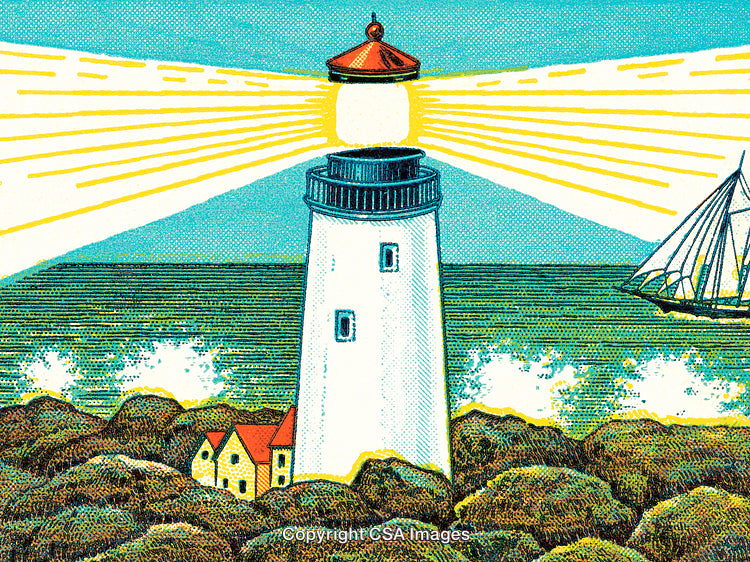 Vintage Illustration of a Lighthouse Illuminating the Coastline at Night