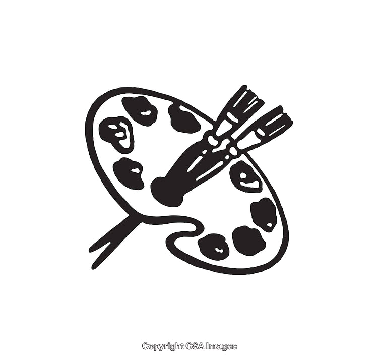 Black and White Line Art of an Artist's Palette with Brushes