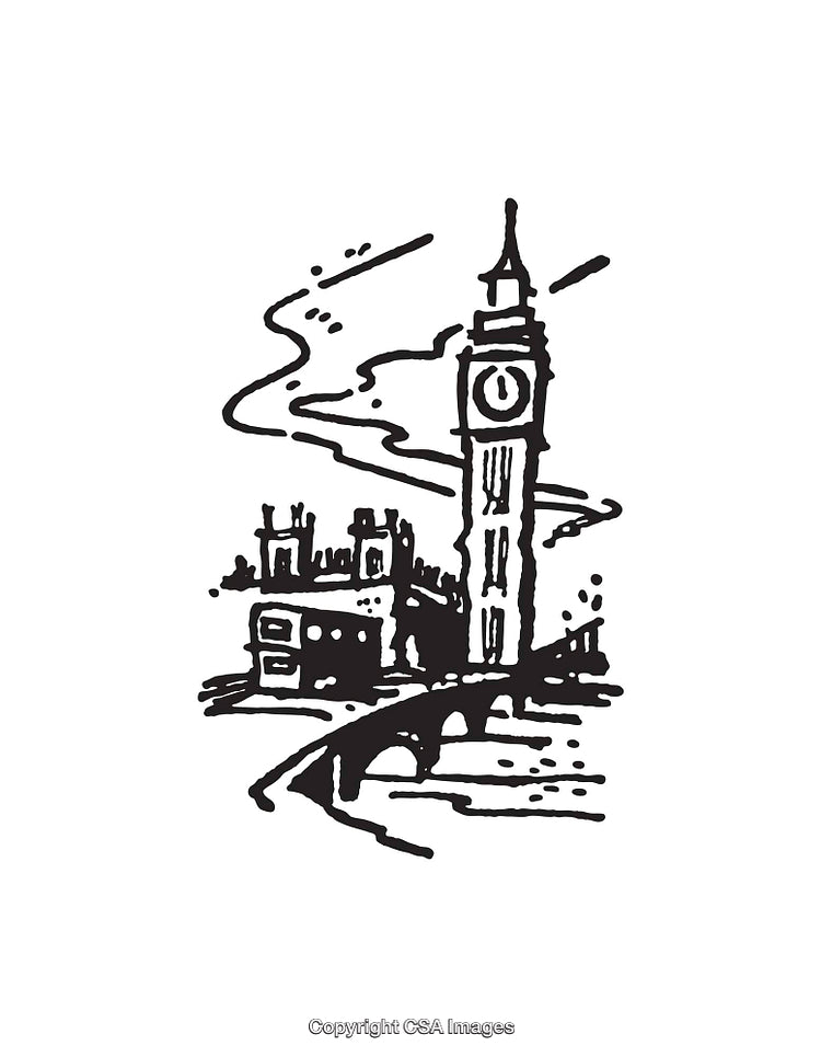 Black and White Line Art of London's Big Ben and Urban Landscape