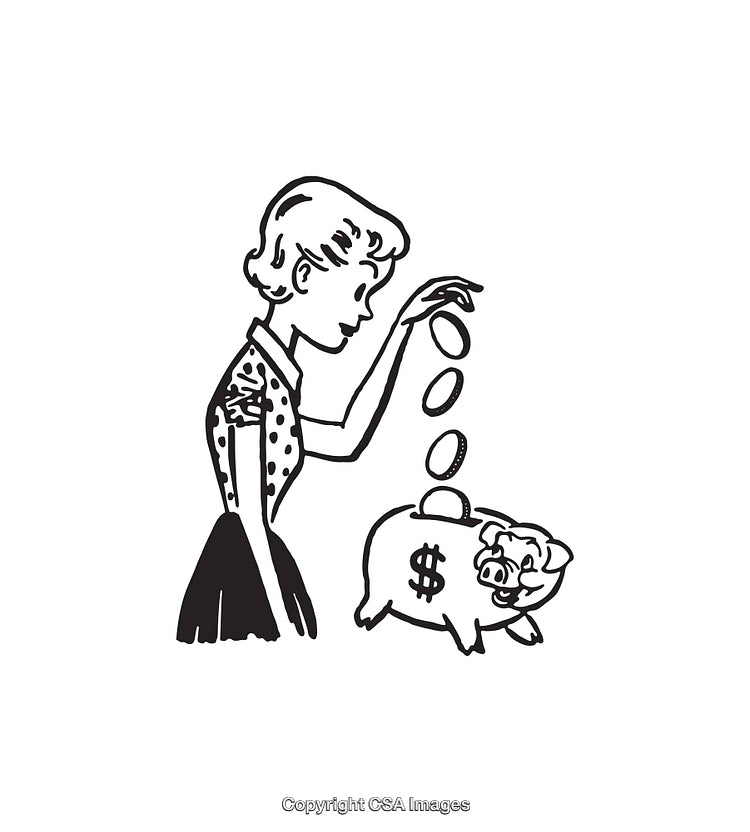 Black and White Line Art Illustration of a Woman Saving Money