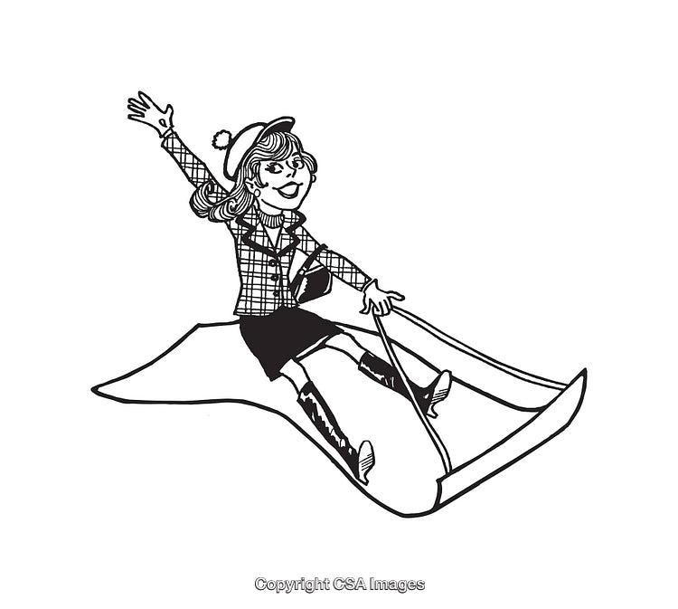 Vintage Black and White Illustration of a Girl Sledding in Winter
