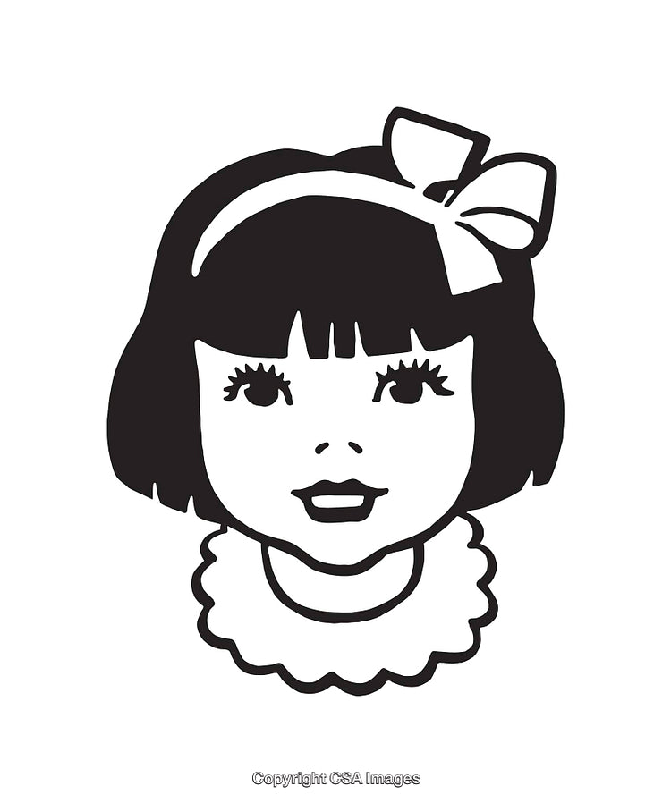 Black and White Retro Girl Line Art with Bow and Collar