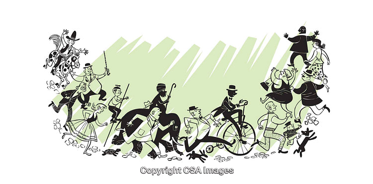 Colorful Illustration of People Engaging in Various Activities with Dynamic Energy