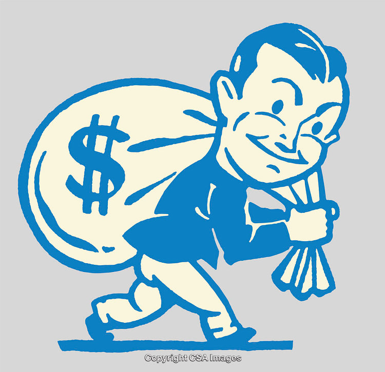 Cartoon Artwork Depicting a Cheerful Figure with Money Bag Symbol
