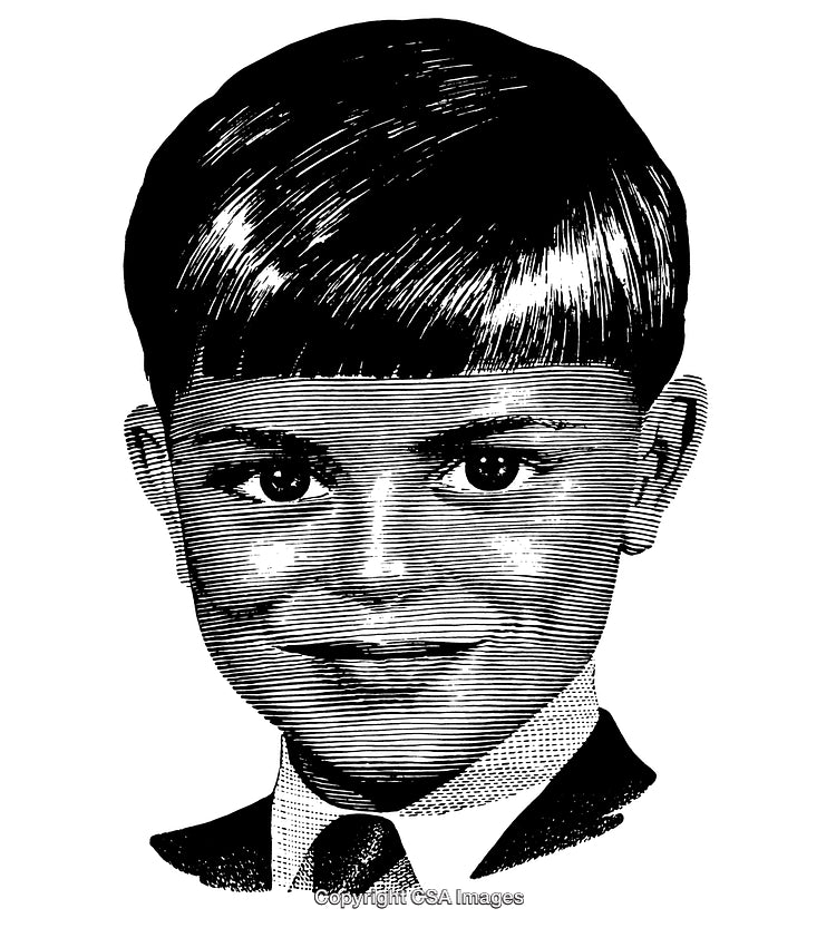 Detailed Black and White Engraving of a Smiling Young Boy