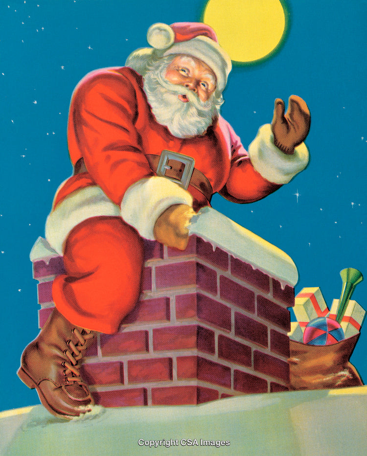 Santa Claus Descending a Snowy Chimney on a Clear Moonlit Night