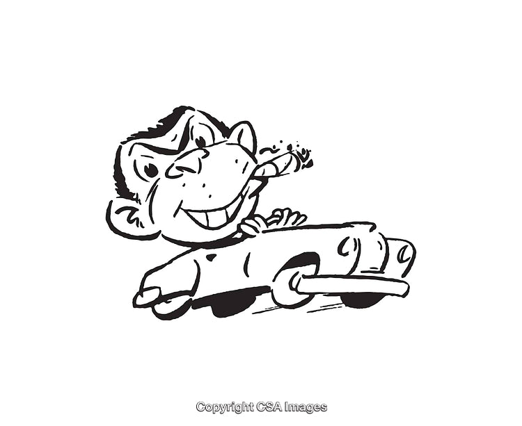 Retro Styled Black And White Illustration of Smoking Character in Car