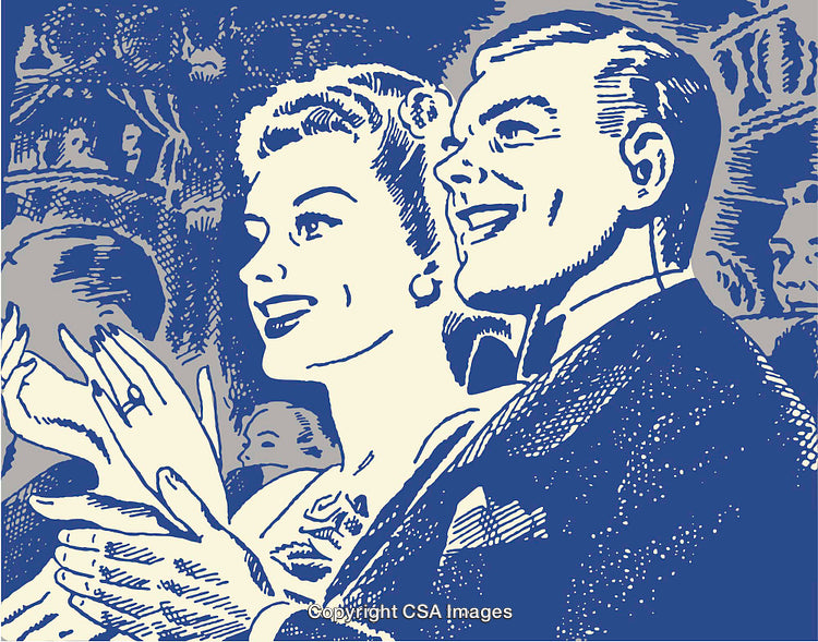 Vintage Illustration of Smiling Couple Applauding in Elegant Setting