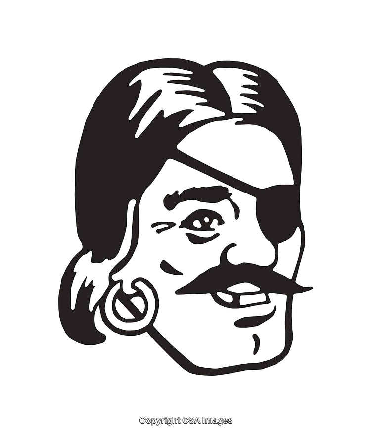 Black and White Pirate Illustration with Eye Patch and Earring