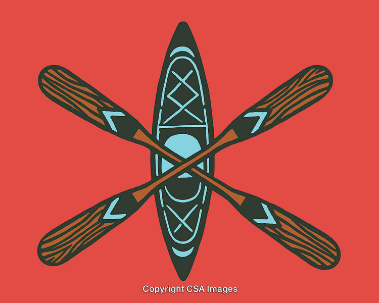 Colorful Line Art Illustration of a Kayak and Oars on Red Background