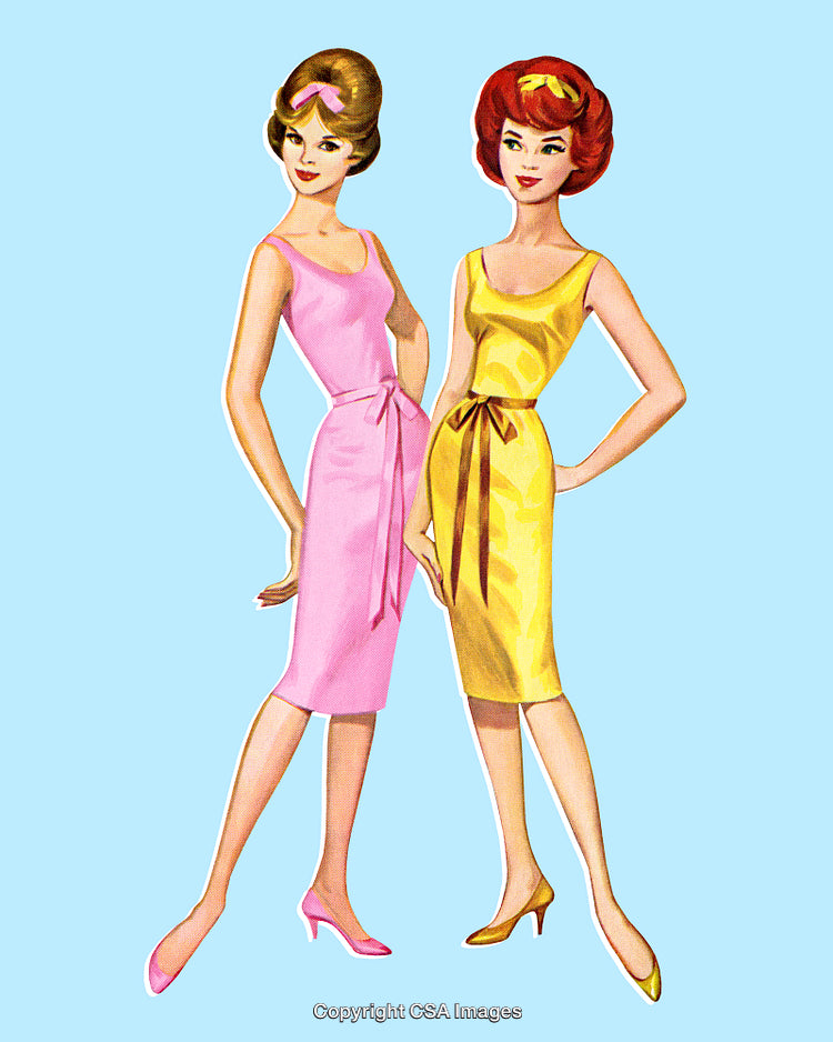Retro Illustration of Two Women in Stylish Dresses on a Light Blue Background