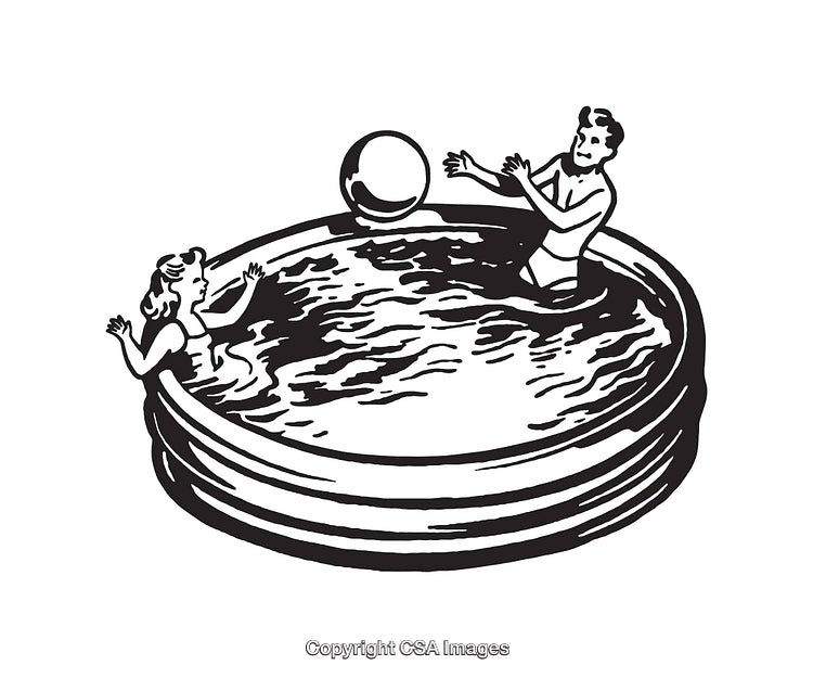 Retro Black and White Line Art of Children Playing in a Pool