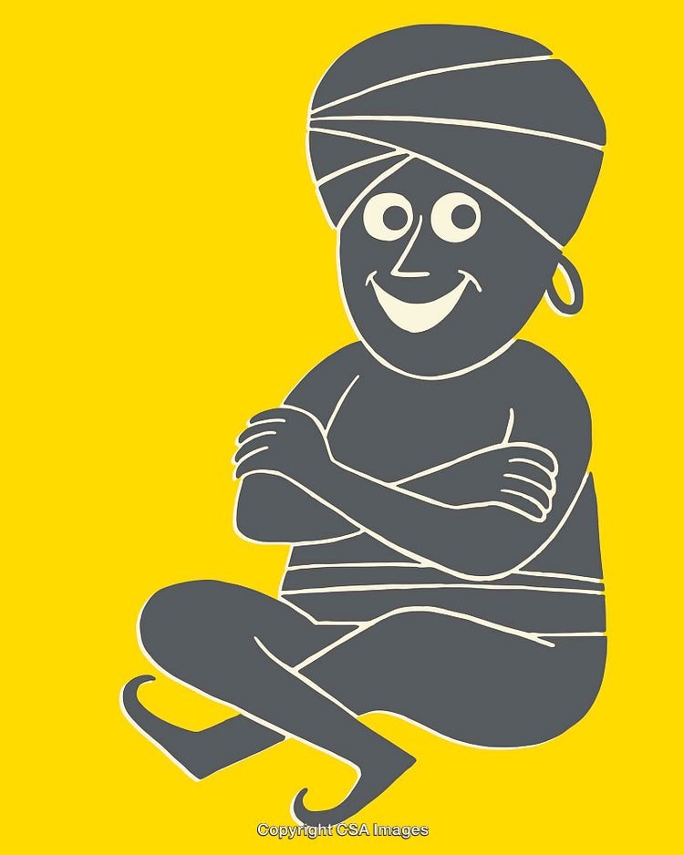 Smiling Character with Headgear Sitting on Bright Yellow Background
