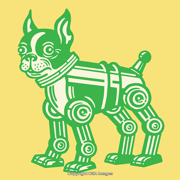 Green Robotic Dog Illustration on a Yellow Background, Colorful Unique Design