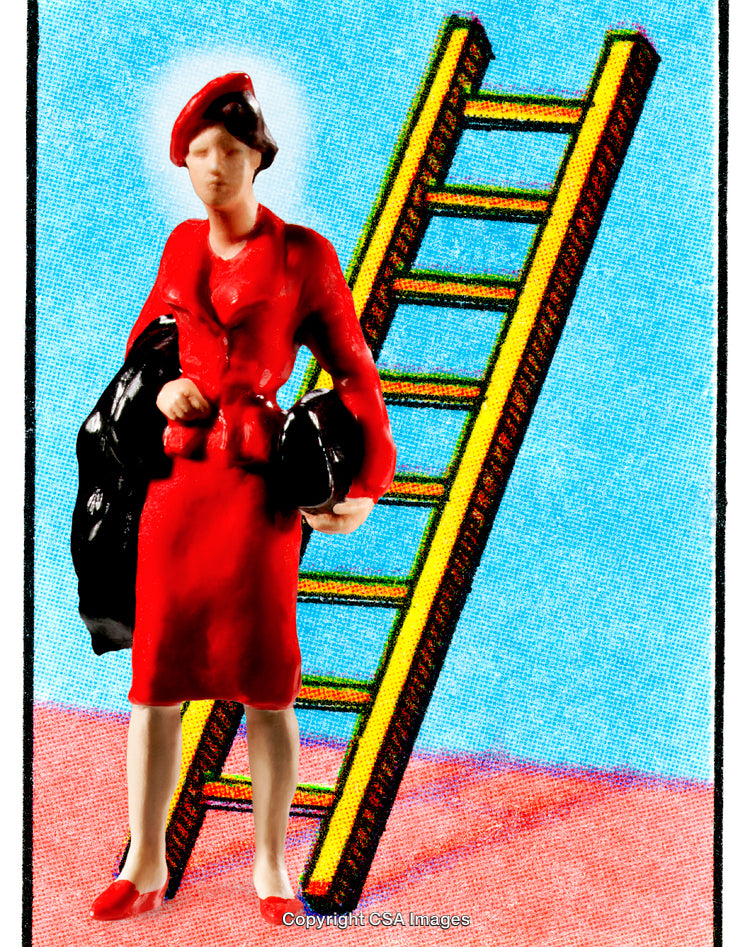 Colorful Plastic Figure of a Woman Standing by a Bright Yellow Ladder