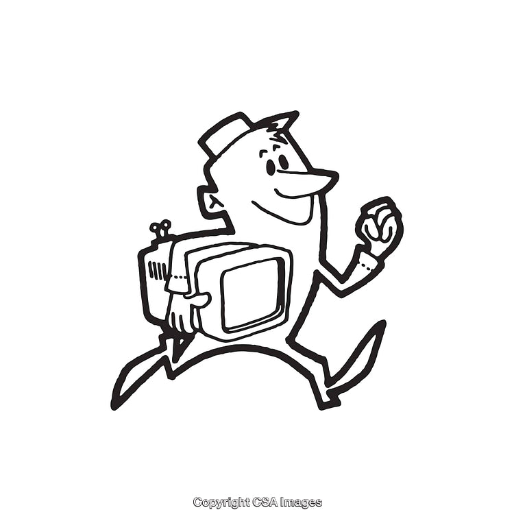 Whimsical Line Art of a Character Carrying an Antique Television Set