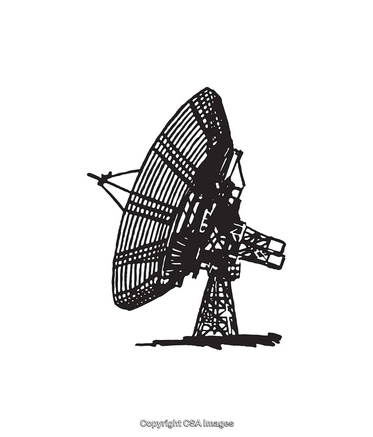 Detailed Black and White Line Art of a Large Satellite Dish