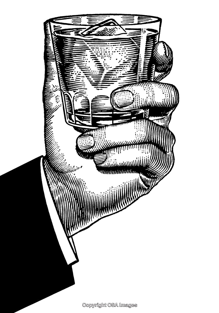 Classic Engraving of Hand Holding a Whiskey Glass With Ice Cubes