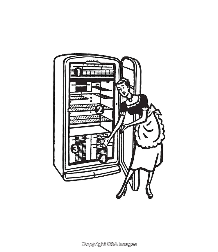 Vintage Black and White Line Art of Woman Storing Items in Refrigerator