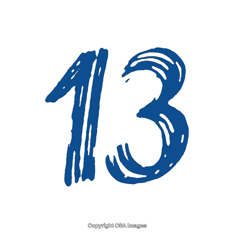 Artistic Blue Number Thirteen on a White Background