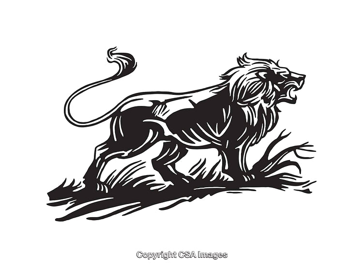 Black and White Artistic Illustration of a Fierce Lion Roaring Powerfully