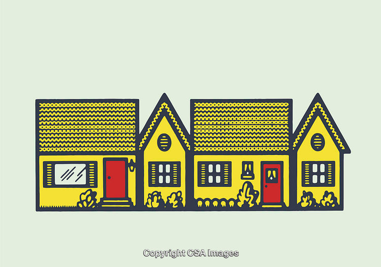 Bright Yellow Line Art Illustration of Quaint Suburban Houses