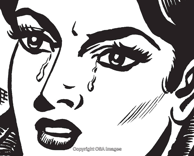 Black and White Pop Art Illustration of a Tearful Woman's Face