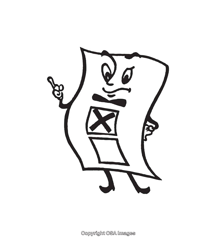 Black and White Cartoon Illustration of a Voting Ballot Character