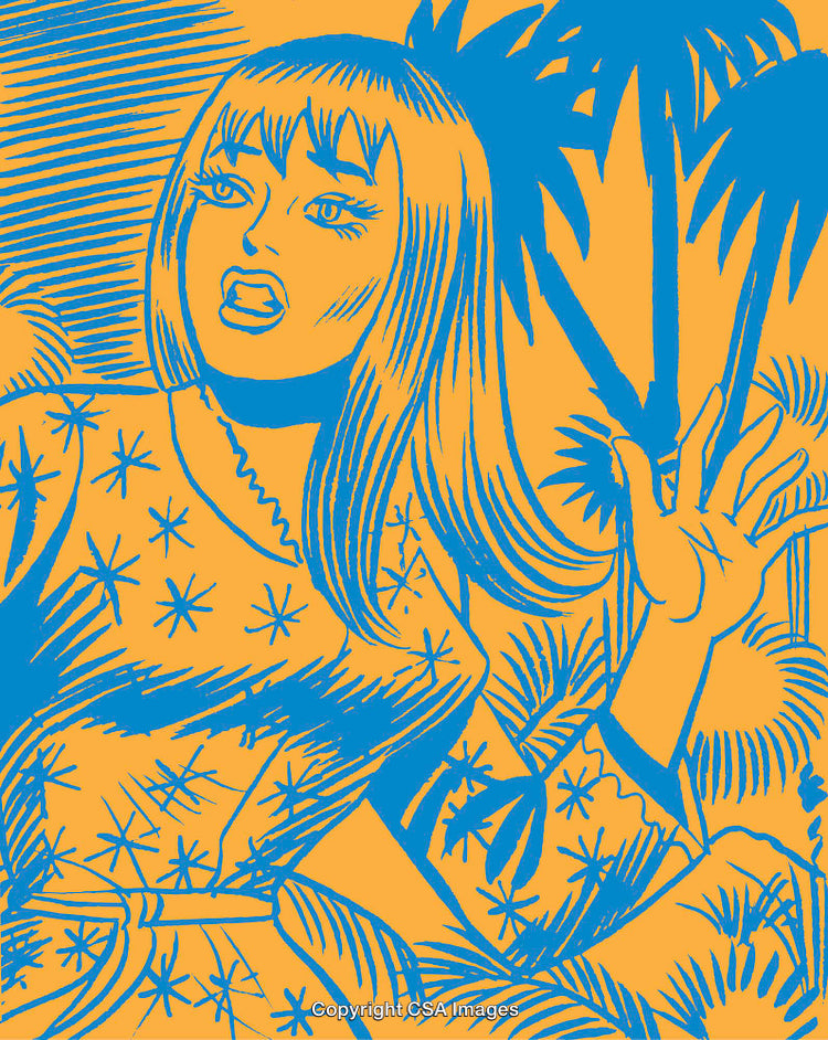 Colorful Pop Art Illustration of a Woman in a Tropical Jungle Scene