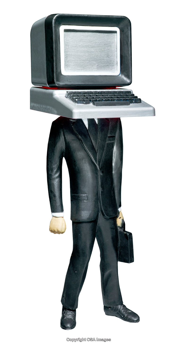 Business Figure with a Computer Monitor as a Head on White Background