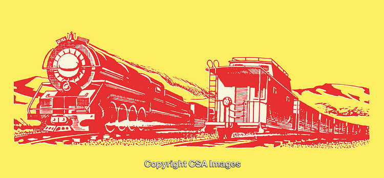 Vintage Illustration of a Steam Train and Caboose in Red and Yellow Colors