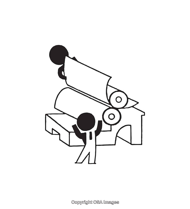 Line Art of Worker Handling Industrial Printing Equipment in Black and White Design