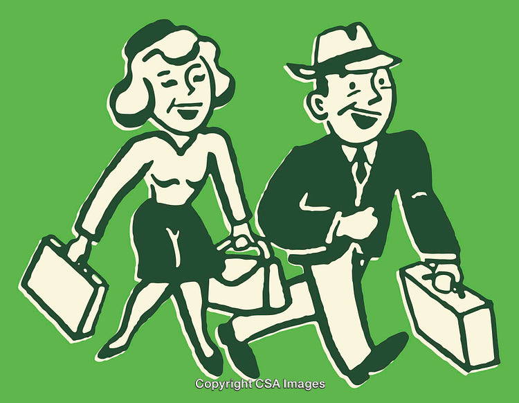 Vintage Style Illustration of a Smiling Couple on a Journey