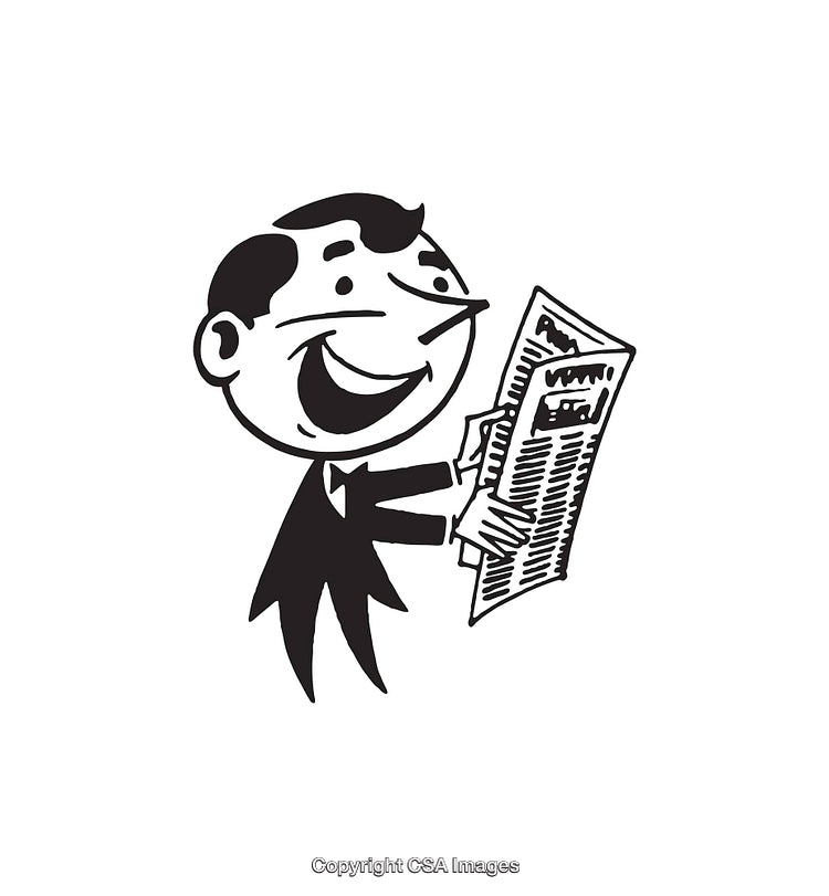 Cheerful Man Reading a Newspaper in Black and White Line Art