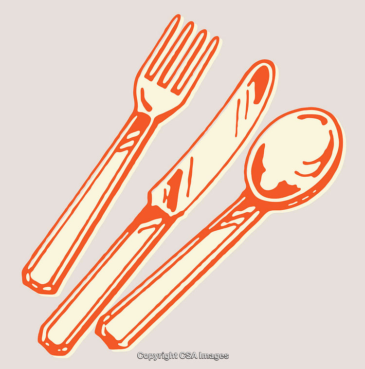 Minimalist Illustration of Cutlery Including Fork, Knife, and Spoon