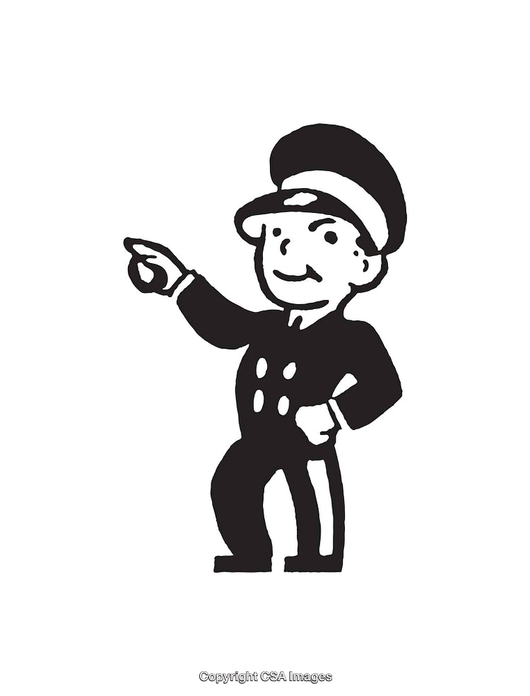 Vintage Black and White Illustration of a Uniformed Officer Character